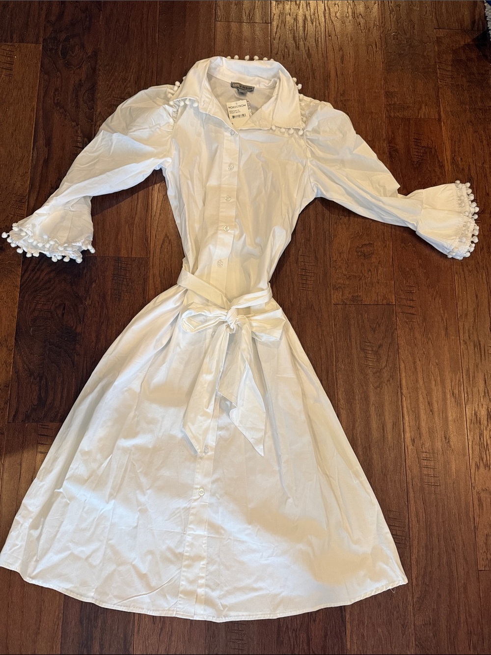 Women's White Button-Front Shirt Dress with Pom Trim